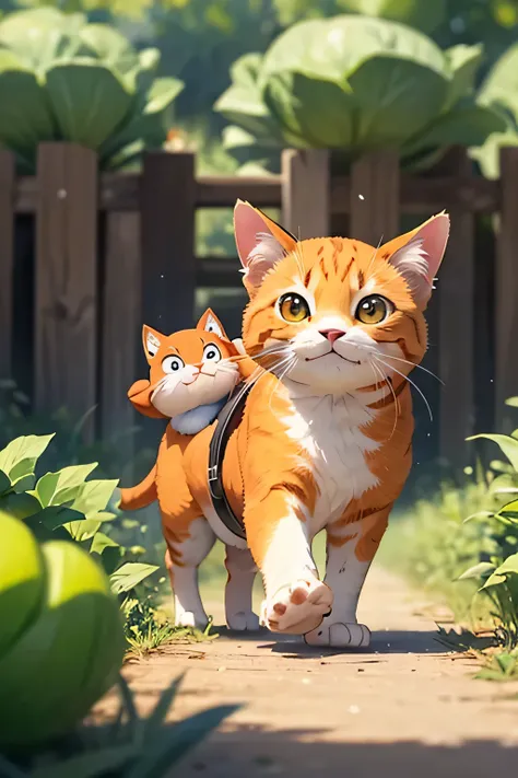 a happy cute *** walking, orange cat, farm background, Pixar style, Cartoons, detailed fur, orange fur, some white fur, movie on a busy farm , holding a cabbage , smiling, frowning eyes, ghibli studio style, super detailed cartoon