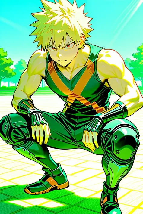 bakugo katsuki,   red eyes,  blond hair,   Detailed,   short hair,  wide shoulders  ,   muscular male  ,  Alone ,  male focus,   white, 8K, Park background,    blue sky,  nubes whites, per day,   seen from the front ,   angry expression  ,   five fingers, ...