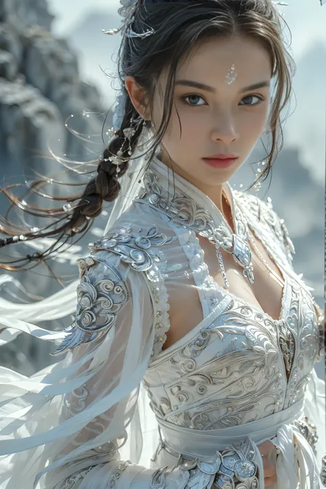 (masterpiece, RAW, 32K, UHD, hyper realistic, best quality), swordswoman,1girl (Beautiful face, supermodel) ,seductive smile, black hair ,blue sky, blurry, brown eyes ,closed mouth ,cloud ,day ,eyelashes ,grey eyes, holding sword, lips ,long hair, looking ...