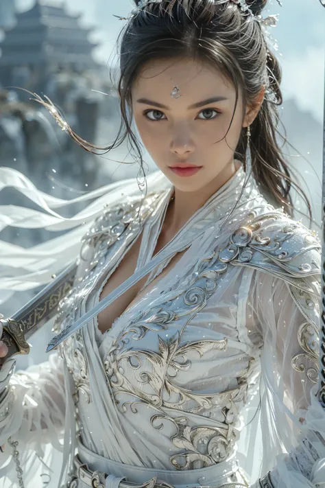 (masterpiece, RAW, 32K, UHD, hyper realistic, best quality), swordswoman,1girl (Beautiful face, supermodel) ,seductive smile, black hair ,blue sky, blurry, brown eyes ,closed mouth ,cloud ,day ,eyelashes ,grey eyes, holding sword, lips ,long hair, looking ...