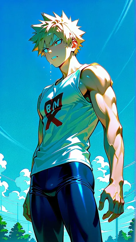 bakugo katsuki,     red eyes,     blond hair,     Detailed,     short hair,    wide shoulders    ,     muscular male    ,  Alone ,    male focus ,   8K, Park background,      blue sky,     nubes blancas, ,  seen from below,     angry expression    ,     fi...