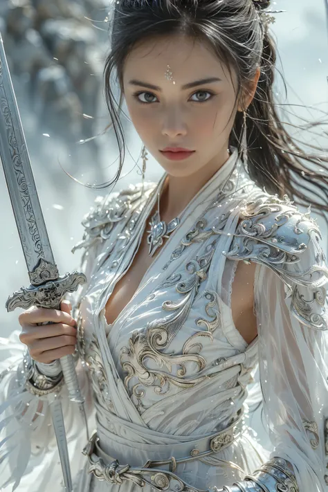 (masterpiece, RAW, 32K, UHD, hyper realistic, best quality), swordswoman,1girl (Beautiful face, supermodel) ,seductive smile, black hair ,blue sky, blurry, brown eyes ,closed mouth ,cloud ,day ,eyelashes ,grey eyes, holding sword, lips ,long hair, looking ...
