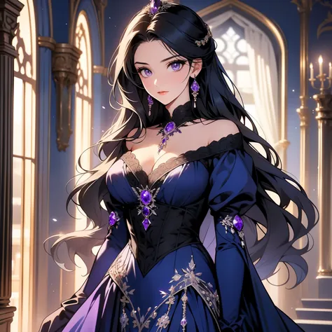 Beautiful girl with (stunning amethyst eyes:1.2) and long blue black hair with soft waves. She is standing in front of a stunning ceiling to floor windows with a winter wonderland outside. She is wearing a (beautiful dark blue gown with intricate silver em...