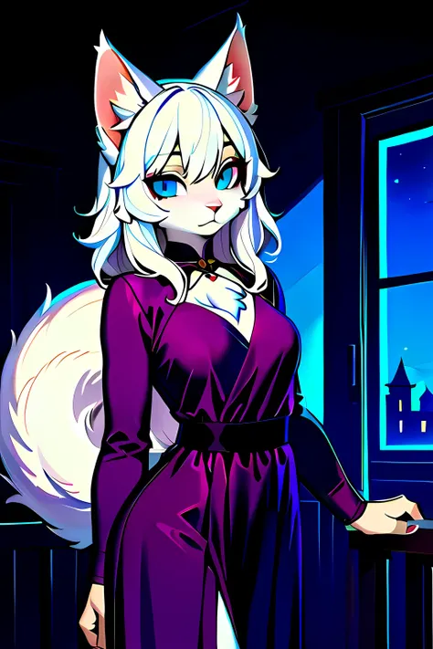 Cat woman, white fluffy fur, fluffy tail, blue eyes, elegant purple dress.