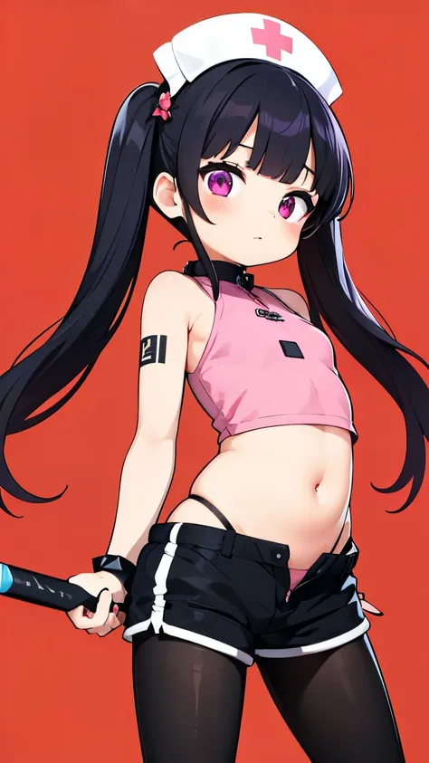 SeaArt Bot Txt2Img Default 14:16:05 ExpireS in 13 Day(S) Judy \(sushi pizza rrr\),  original , 1人の28 years oldの女の子,  place your arm beside, arm  tattoo,,  black hair,  twin tails,  long hair, black nails , black  shorts,  bracelet, chest, cat  tattoo, Lock...