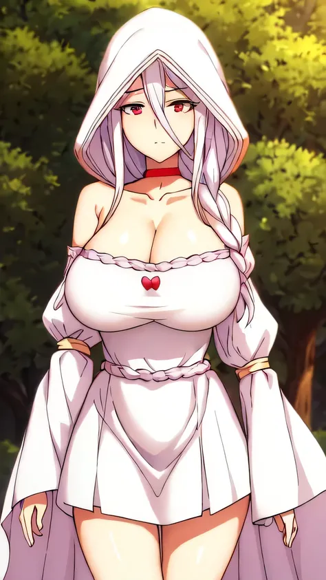 ç½ç»,1girl,expressionless,long braid,hair over shoulder,colored eyelashes,red eyes, ç½,white hood,hood up,red choker,bare shoulders,cleavage,big breast, big heart, first-rate breast, sexy waist,white dress,detached sleeves,long sleeves,wide sleeves, adu...