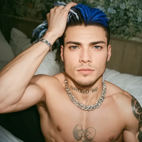 Sexy and extremely muscular guy, He has blue dreadlocks, black and white in his hair and his features are perfect like that, don&#39;t change anything.