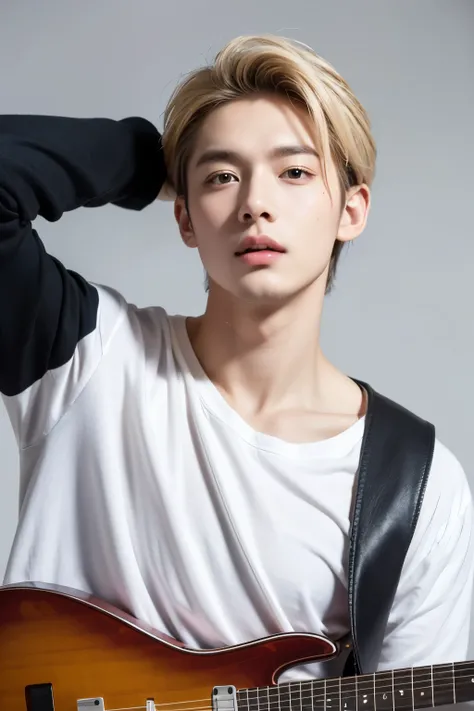  best quality,  masterpiece,  super high resolution , ( by Nomi: 1.4), original photo , wallpaper,  upper body photo, skin,  simple background ,  iris,  Details,  male idol, South Korea, Age 27, Clean and casual clothes,  Long Sleeve, White blond hair part...