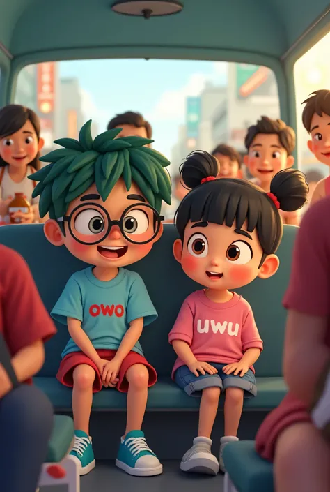 "A cute, Owo, , with green slightly messy hair, big black round glasses, wearing a light blue t-shirt with 'owo' written on it in red font, red shorts pants, and blue sneakers. Owo is sitting inside a crowded angkot, looking a bit squeezed but still smilin...