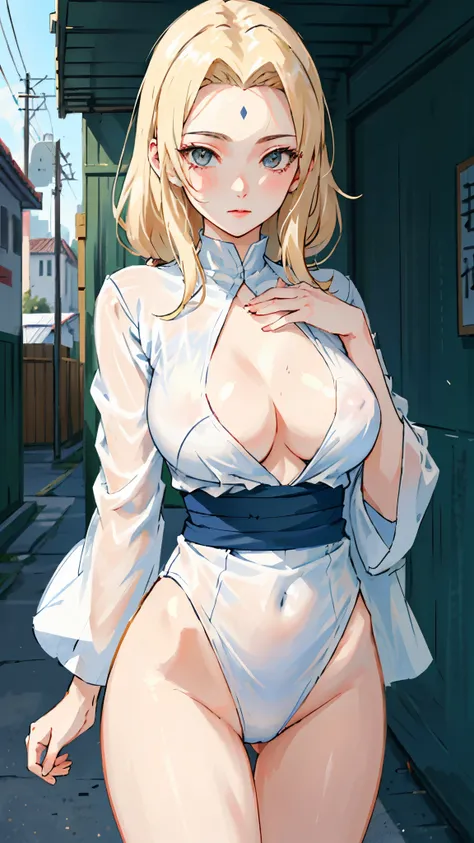 Top best quality, Masterpiece, extremely detailed,4k ,2D ultra graphic,anime ,solo,1girl 25 years old ,tsunade,((detailed super beauty face)), ((detailed baeuty breasts)), ((detailed super beautiful eyes)), ((detailed transparent body suit)),((detailed nip...