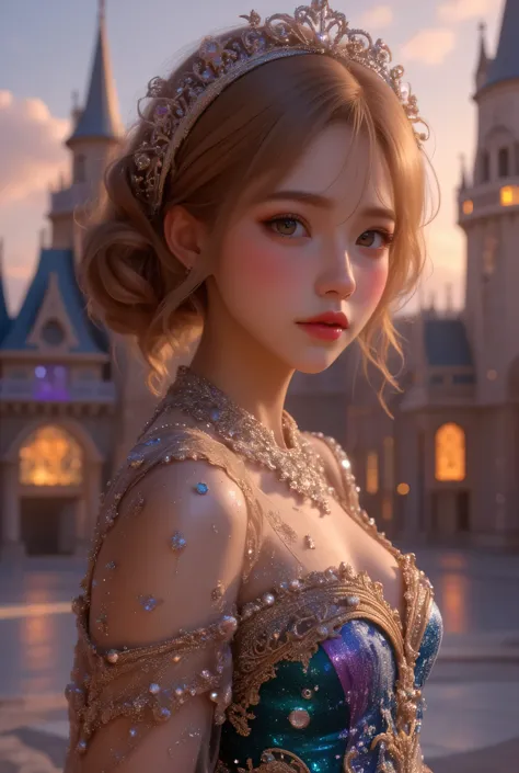 lors, deep contrast, super real, pink lipstick, lovely atmosphere, cinematic composition, close-up of face. She is wearing a breathtakingly opulent princess dress with flowing, multi-layered fabrics in a mesmerizing blend of royal blue, deep crimson, emera...