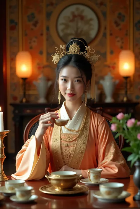 A beautiful woman in ancient Chinese costume sits on the table, dressed as an empress of China's Golden Dynasty period and wearing Hanfu from that era. She is drinking tea with one hand while sitting at her desk inside a palace decorated with gilded detail...