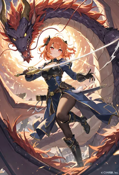 beautiful girl with sword and wearing hero clothes, fighting with dragon monster on the air