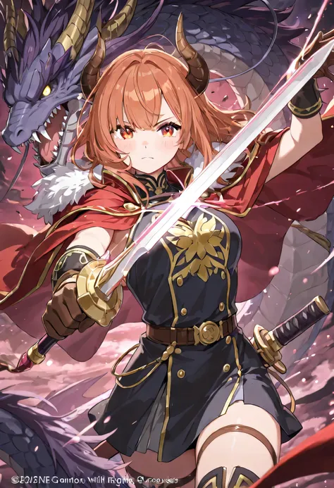 beautiful girl with sword and wearing hero clothes, fighting with dragon monster on the air