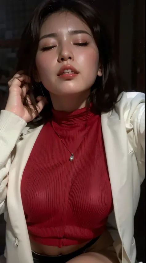  30 year old Japanese woman,anatomically correct skin and flesh quality , best image quality, best quality, A cute Japanese woman wearing a white collarless jacket suit and a red turtleneck knit is having a conversation with her smartphone in her hand in a...