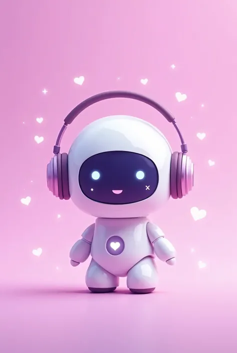 /imagine prompt: a cute cartoon AI character with a round face and big eyes, wearing headphones and smiling, on a soft pink to purple gradient background, surrounded by small stars and hearts, playful style --v 5 --ar 1:1