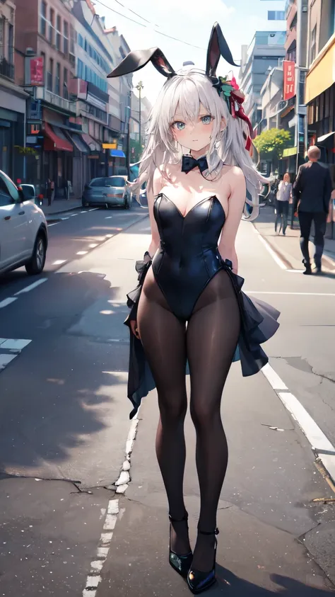 realistic image, detailed image, coherent image, 1 girl, white hair, curvy body, medium breasts and thick thighs, Focus soft, cowboy shot, Dramatic shadows, Volumetric lighting, natural lighting, Alisa Mikhailovna Kujou, full body, street corner, bunny ear...