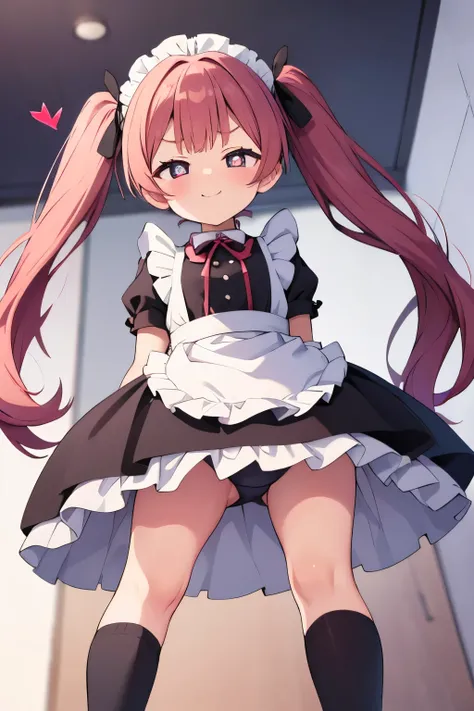  twin tails、 white and black maid outfit、gif-style 、sly smile、heart-shaped pupils、ribbon、underwear、from below,Stomping、troubled eyebrows、full body shot