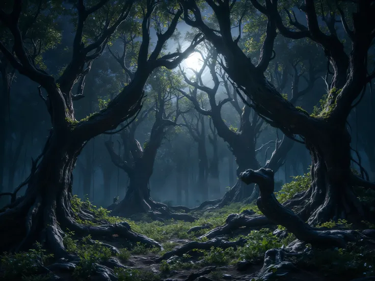 Beautiful forest, Forest of Death, Hazardous forest,  at night, Beautiful Full Moon,  has no life.,  Masterpiece, cinematic, realistic,  Clear Detail,  8k resolution.