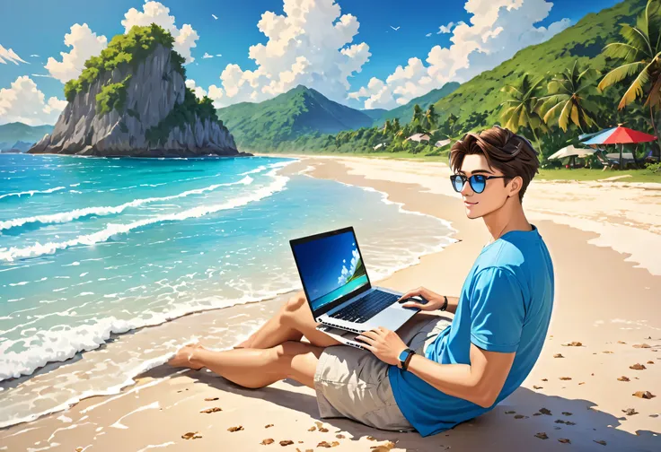 handsome boy with his laptop sitting on the beach with beautiful scenery