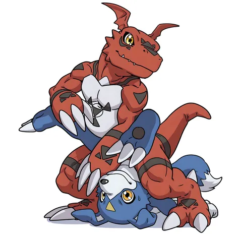 bare hands, guilmon, gaomon, digimon (creature), dog boy, blue body, furry, dog, dog tail, blue fur, yellow eyes, red body, headband, high quality, male, two characters, white background, no background, guilmon is bigger, (wrestling, wrestling against each...