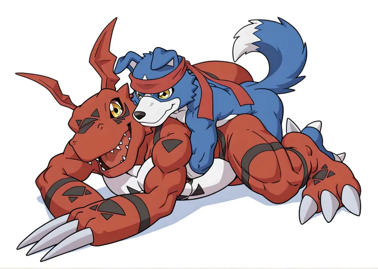bare hands, guilmon, gaomon, digimon (creature), dog boy, blue body, furry, dog, dog tail, blue fur, yellow eyes, red body, headband, high quality, male, two characters, white background, no background, guilmon is bigger, (wrestling, wrestling against each...