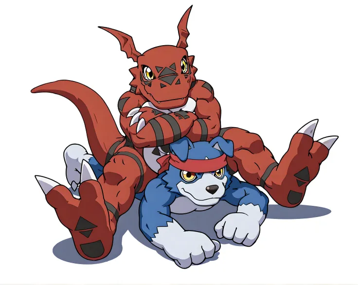 bare hands, guilmon, gaomon, digimon (creature), dog boy, blue body, furry, dog, dog tail, blue fur, yellow eyes, red body, headband, high quality, male, two characters, white background, no background, guilmon is bigger, (wrestling, wrestling against each...