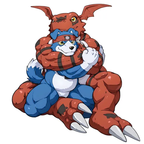 bare hands, guilmon, gaomon, digimon (creature), dog boy, blue body, furry, dog, dog tail, blue fur, yellow eyes, red body, headband, high quality, male, two characters, white background, no background, guilmon is bigger, (wrestling, wrestling against each...