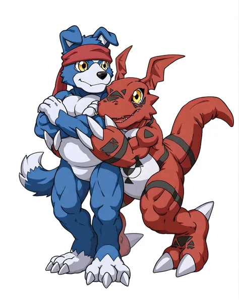 bare hands, guilmon, gaomon, digimon (creature), dog boy, blue body, furry, dog, dog tail, blue fur, yellow eyes, red body, headband, high quality, male, two characters, white background, no background, muscle worship, touching muscles, admiring muscles, h...