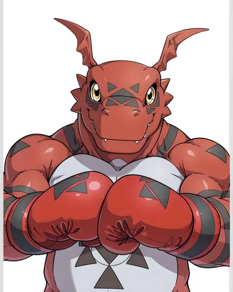 guilmon, digimon (creature), high quality, male, solo, white background, no background, big, looking at viewer, posing, (half body, half view), muscular arms, thick arms, (wearing boxing gloves, boxing gloves), boxing pose, action pose