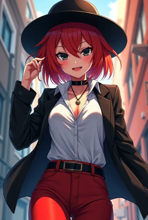 short hair, red hair, big black fedora hat, black open jacket jeans on top, white shirt on bottom, black eyes, smile, no neckless, red pants,  anime