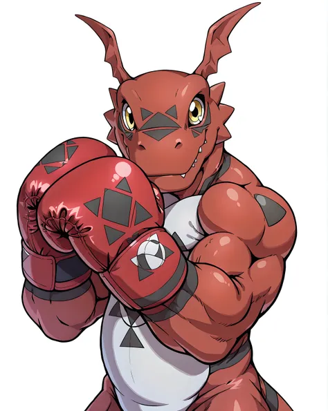 guilmon, digimon (creature), high quality, male, solo, white background, no background, big, looking at viewer, posing, (half body, half view), muscular arms, thick arms, wearing boxing gloves, boxing pose, action pose, pov_boxing