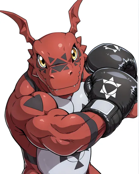 guilmon, digimon (creature), high quality, male, solo, white background, no background, big, looking at viewer, posing, (half body, half view), muscular arms, thick arms, wearing black boxing gloves, black boxing gloves, boxing pose, action pose, pov_boxin...