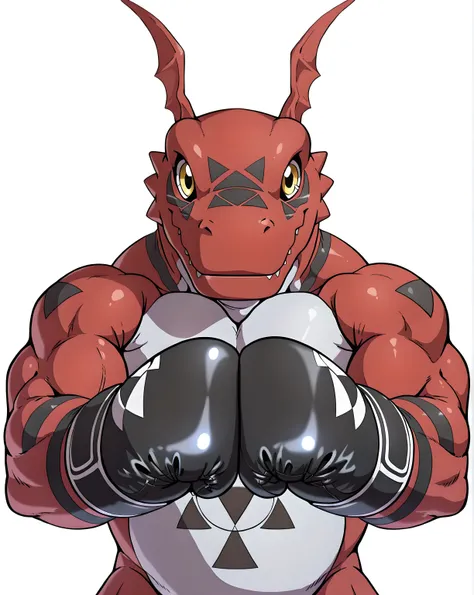 guilmon, digimon (creature), high quality, male, solo, white background, no background, big, looking at viewer, posing, (half body, half view), muscular arms, thick arms, wearing black boxing gloves, black boxing gloves, boxing pose, action pose, pov_boxin...