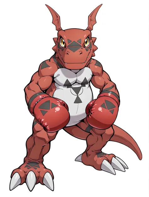 guilmon, high quality, male, solo, white background, no background, looking at viewer, posing, full body, wearing boxing gloves, boxing pose, pov_boxing, muscular
