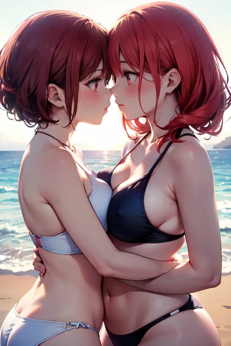 realistic image, detailed image, coherent image, 2 beautiful girls, red hair red eyes, blush, She has a curvy body, medium breasts, Soft focus, Dramatic shadows, Volumetric lighting, natural lighting, arima_kana, beach, swimsuit, (mother and daughter, kiss...