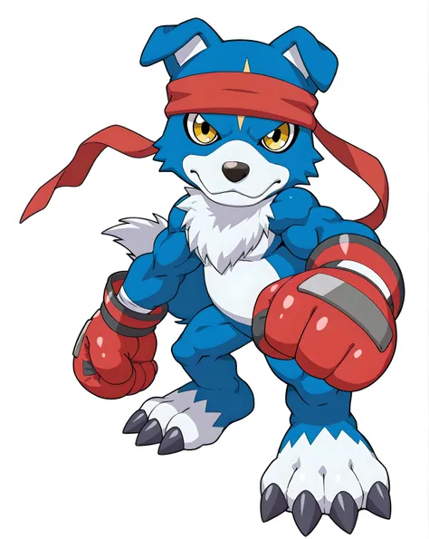 gaomon, digimon (creature), dog boy, blue body, furry, dog, blue fur, yellow eyes, headband, high quality, male, solo, white background, no background, looking at viewer, full body, standing, wearing boxing gloves, boxing pose, gloves up, muscular, muscula...