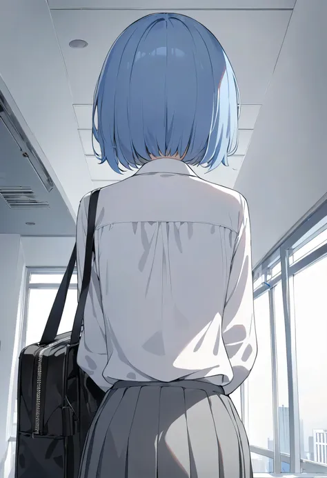 nsfw,  Masterpiece,  best quality,  high resolution ,  shortcuts、 blue hair、 boyish 、 bluish gray eyes、 Empty Eyes、Small eyes、 slender、 white long sleeve blouse、 grey pleated skirt、 black pantyhose in a high-rise office building、black bag、intellectual、Calm...