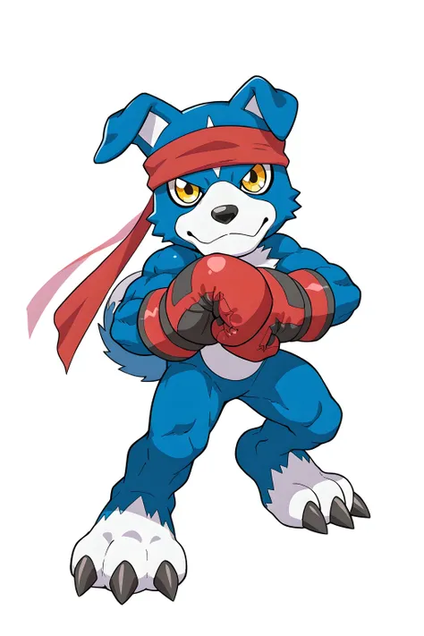 gaomon, digimon (creature), dog boy, blue body, furry, dog, blue fur, yellow eyes, headband, high quality, male, solo, white background, no background, looking at viewer, full body, standing, wearing boxing gloves, boxing pose, gloves up, (muscular)