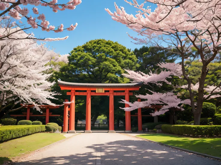 A stunning Japanese landscape featuring a large red torii gate at the center, flanked by rows of fully bloomed cherry blossom trees on both sides. The vibrant pink cherry blossoms contrast beautifully against the bright blue sky, creating a picturesque and...