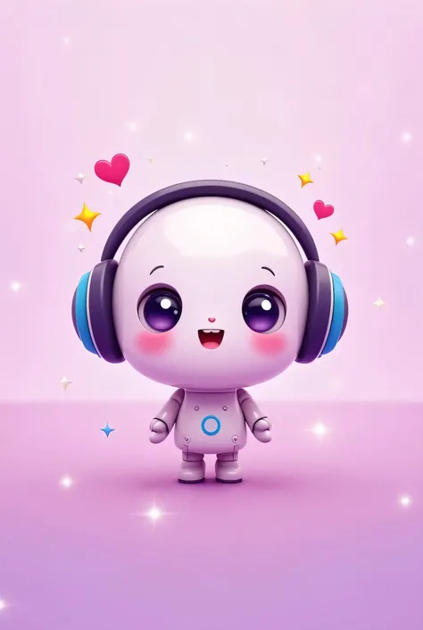 /imagine prompt: a cute cartoon AI character with a round face and big eyes, wearing headphones and smiling, on a soft pink to purple gradient background, surrounded by small stars and hearts, playful style --v 5 --ar 1:1