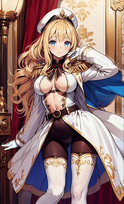 (( masterpiece)),(( top quality combat bed)),(( 8,000)),(( fantastic art )),( alone), 1 teen girl,The girl's figure ， Perfect Face , Fantasy World,((white short half body military uniform)),((white general's hat)),((Blonde curly hair)), Bazihu , ((compress...