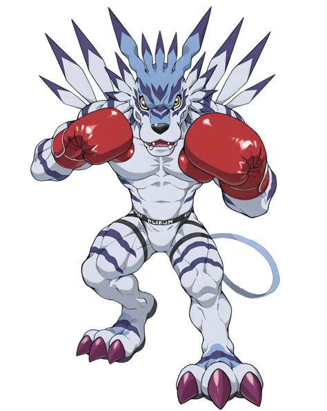 digimon (creature), ga_rurum0n, white body, anthro, high quality, male, solo, white background, no background, looking at viewer, posing, full body, muscular arms, thick arms, wearing boxing gloves, boxing pose, pov_boxing, jockstrap