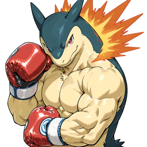 typhlosion, pokemon, high quality, male, solo, white background, no background, looking at viewer, posing, half body, very muscular, thick arms, wearing boxing gloves, pov_boxing, boxing posture, boxing stance, front view