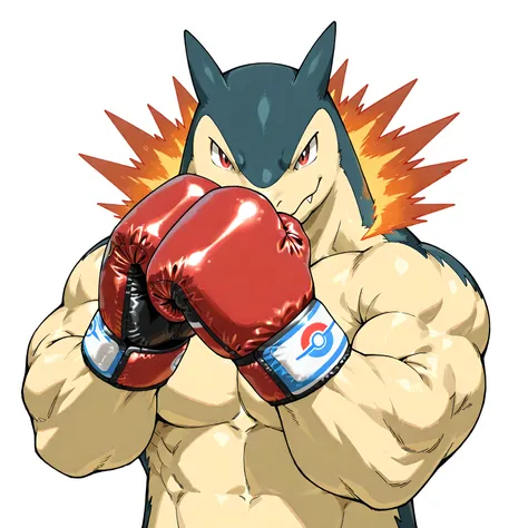 typhlosion, pokemon, high quality, male, solo, white background, no background, looking at viewer, posing, half body, very muscular, thick arms, wearing boxing gloves, pov_boxing, boxing posture, boxing stance, front view