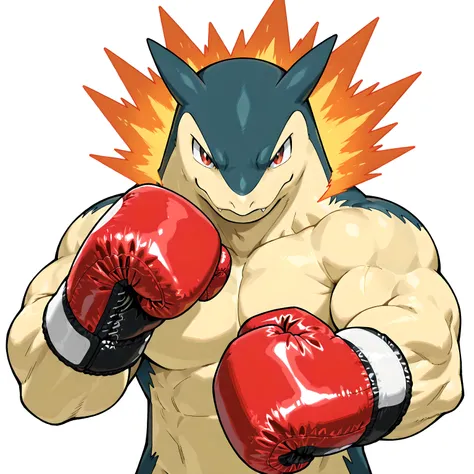 typhlosion, pokemon, high quality, male, solo, white background, no background, looking at viewer, posing, half body, very muscular, thick arms, wearing boxing gloves, pov_boxing, boxing posture, boxing stance, front view, stern face