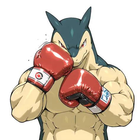 typhlosion, pokemon, high quality, male, solo, white background, no background, looking at viewer, posing, half body, very muscular, thick arms, wearing boxing gloves, pov_boxing, boxing posture, boxing stance, front view, punching self in face, fist again...