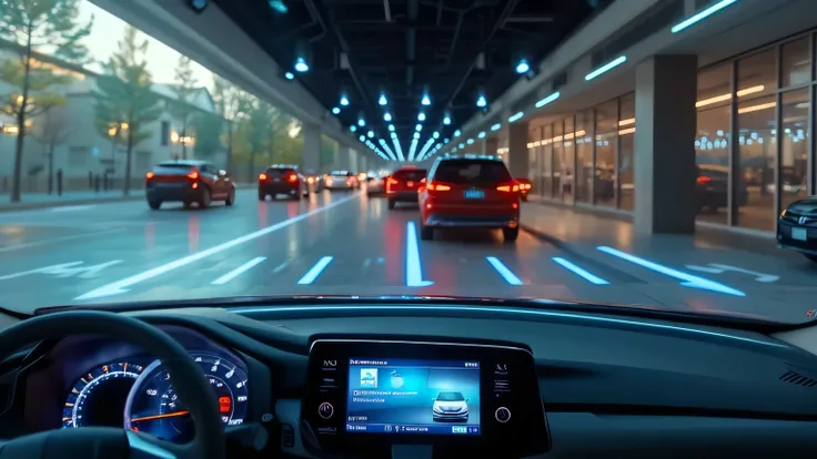 A cinematic ultra HD 8K image of the All-New 2026 Honda CR-V’s intelligent parking assist system in action inside a modern car showroom. The digital dashboard shows a visualization of the car automatically maneuvering into a tight parking spot.  
