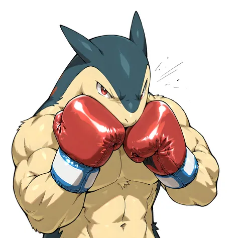typhlosion, pokemon, high quality, male, solo, white background, no background, looking at viewer, posing, half body, very muscular, thick arms, wearing boxing gloves, pov_boxing, boxing posture, boxing stance, front view, (punching self in face, fist agai...