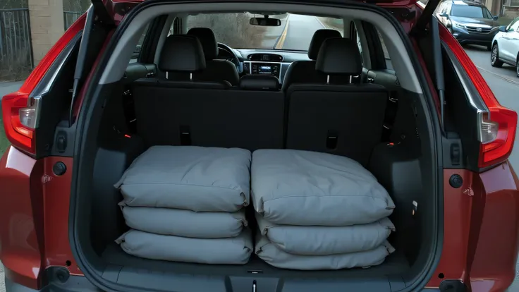 A cinematic ultra HD 8K image of the All-New 2026 Honda CR-V’s rear cargo space with the trunk open, showcasing its large storage capacity. The foldable seats allow for extra cargo space, making it perfect for road trips.  
